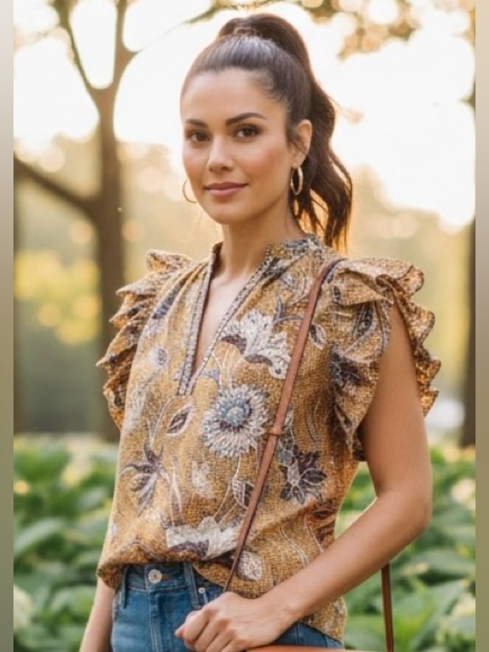 Ulla Johnson Mustard Floral Ruffle-Sleeve Blouse with Blue Accents